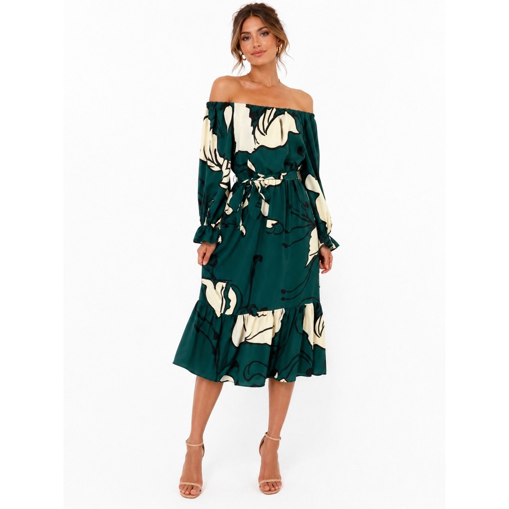 Premier Amour Dress Womens 6 Emerald Green Floral Off Shoulder Ruffle Midi New